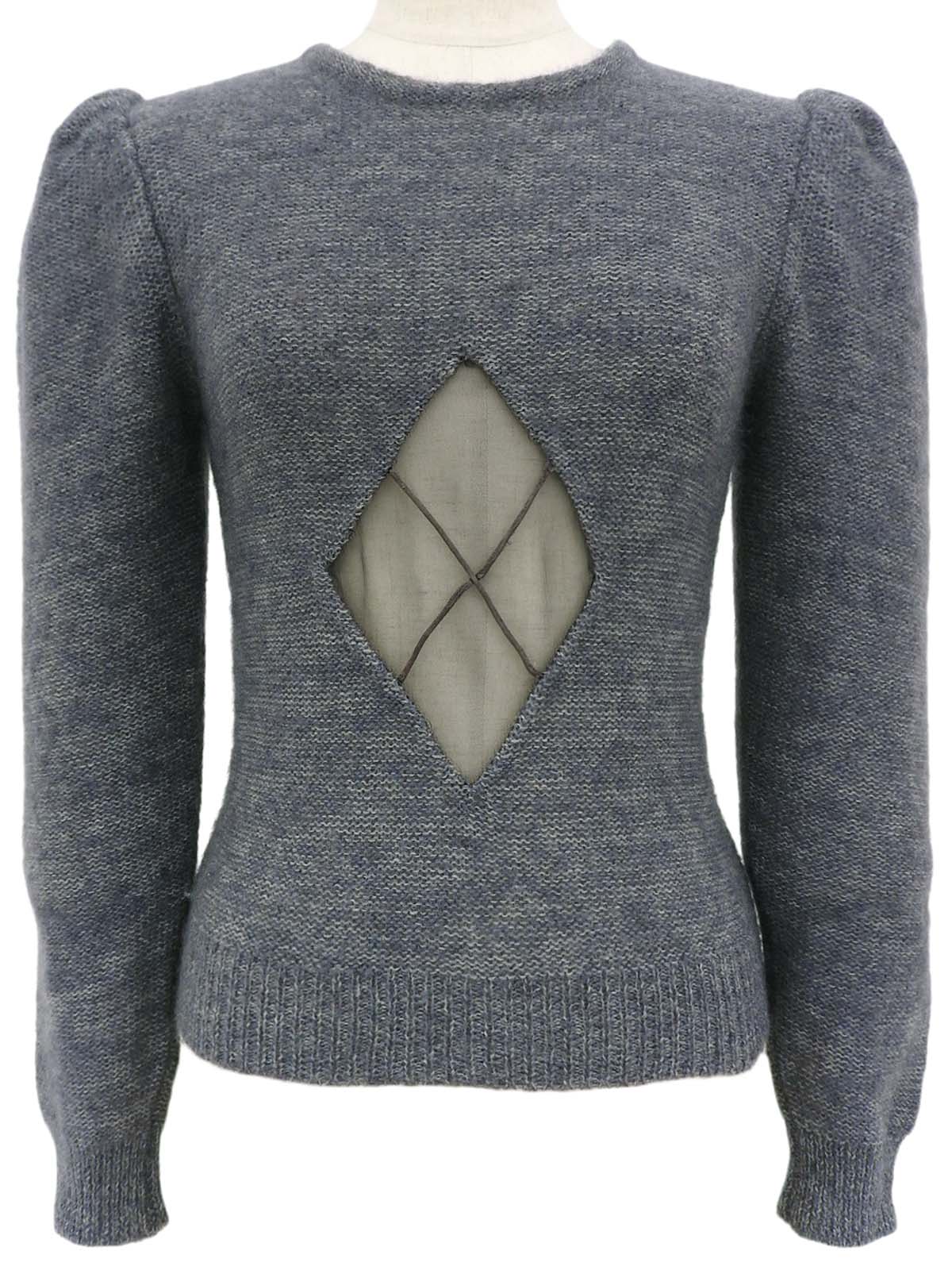 アーガイルシアーデザインパフショルダーニットトップス グレー