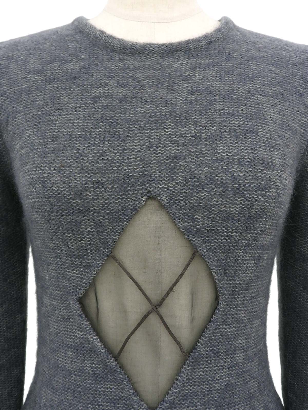 Argyle Sheer Design Puff Shoulder Knit Top #S-Gray