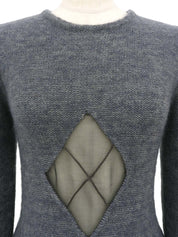 Argyle Sheer Design Puff Shoulder Knit Top #S-Gray