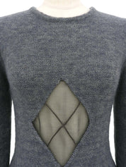 Argyle Sheer Design Puff Shoulder Knit Top in Gray
