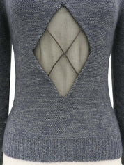 アーガイルシアーデザインパフショルダーニットトップス グレー