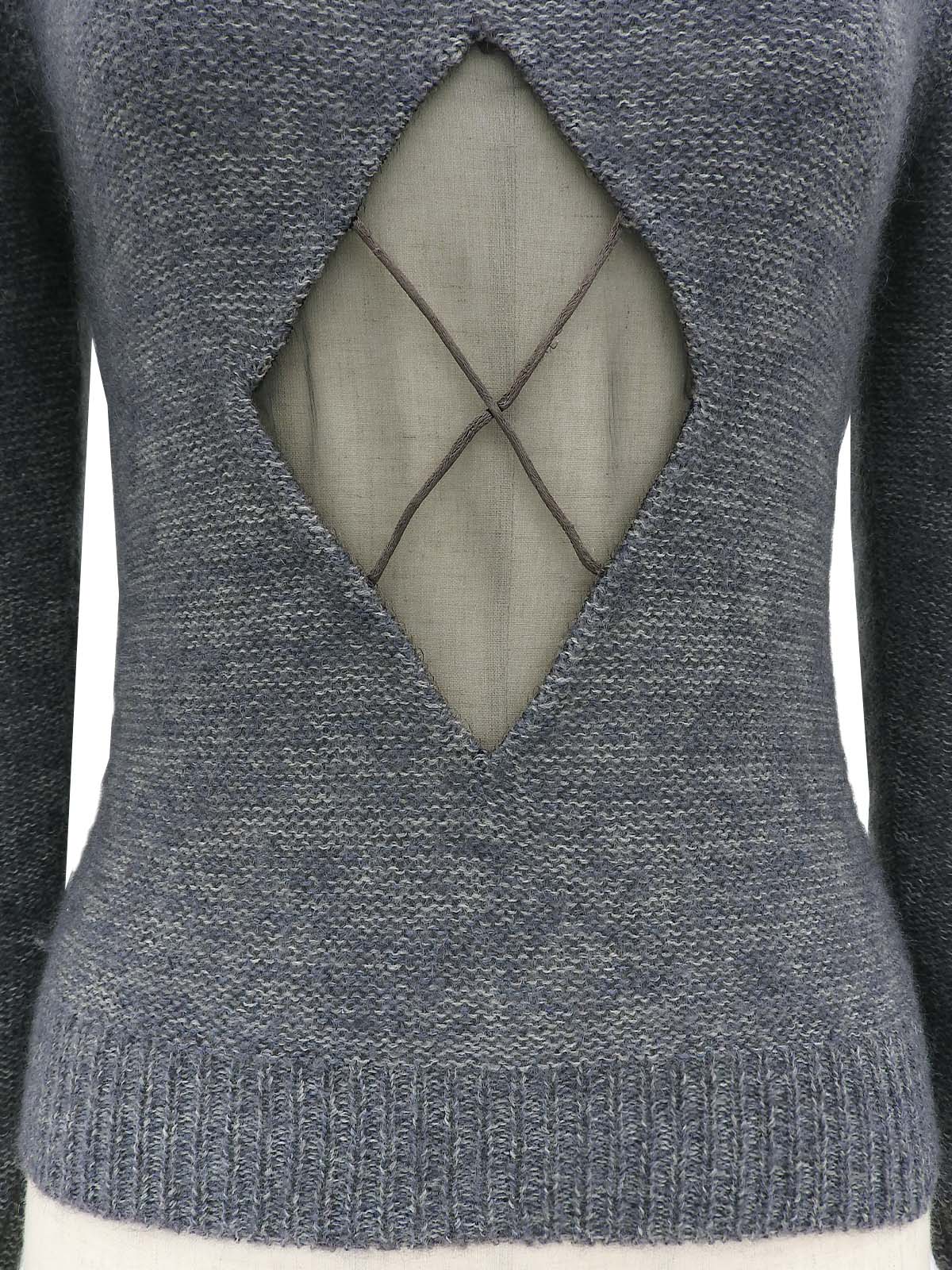 Argyle Sheer Design Puff Shoulder Knit Top #S-Gray