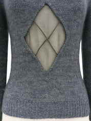 Argyle Sheer Design Puff Shoulder Knit Top #S-Gray