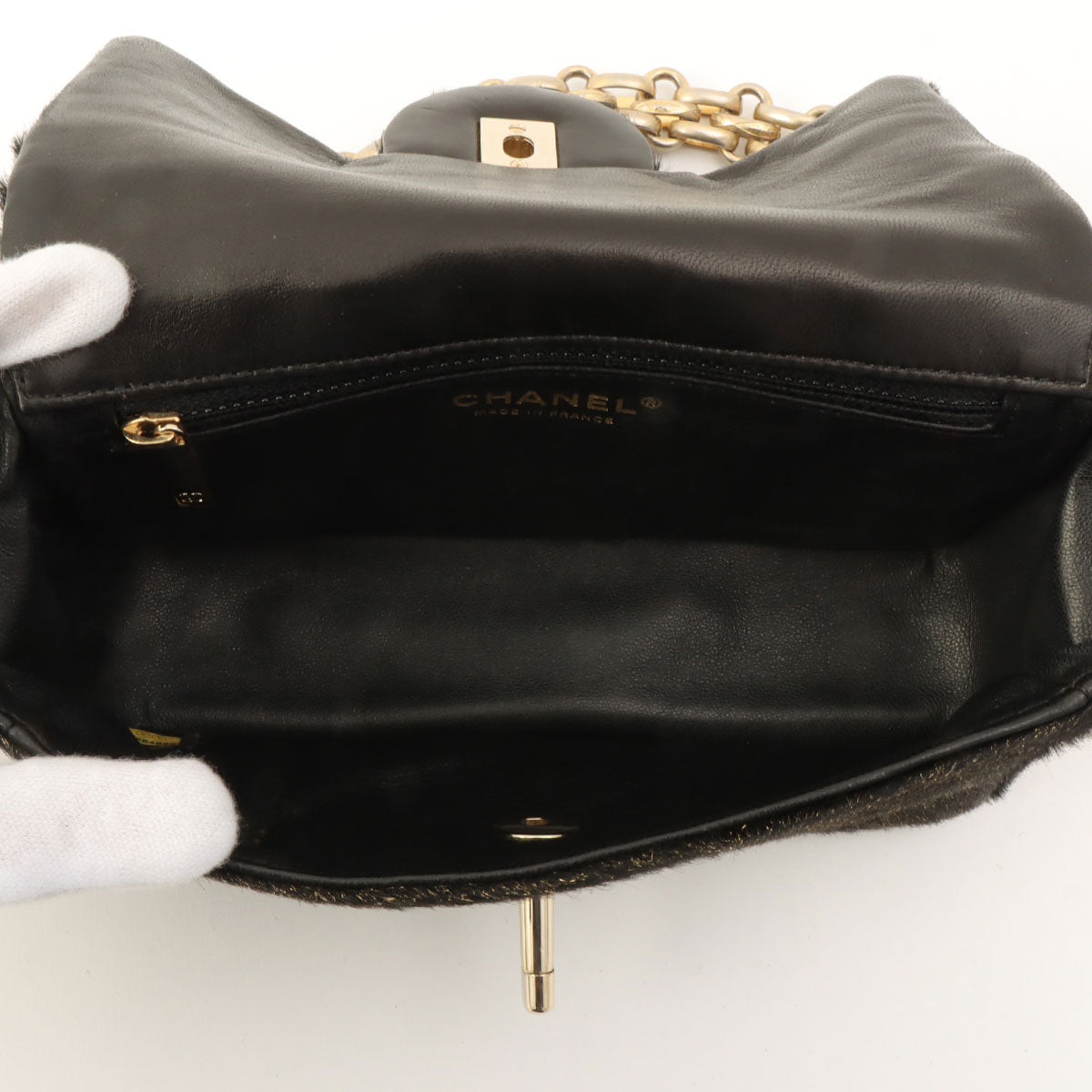 CHANEL pony hair crystal CC turn-lock shoulder bag, black/gold, made around 2008