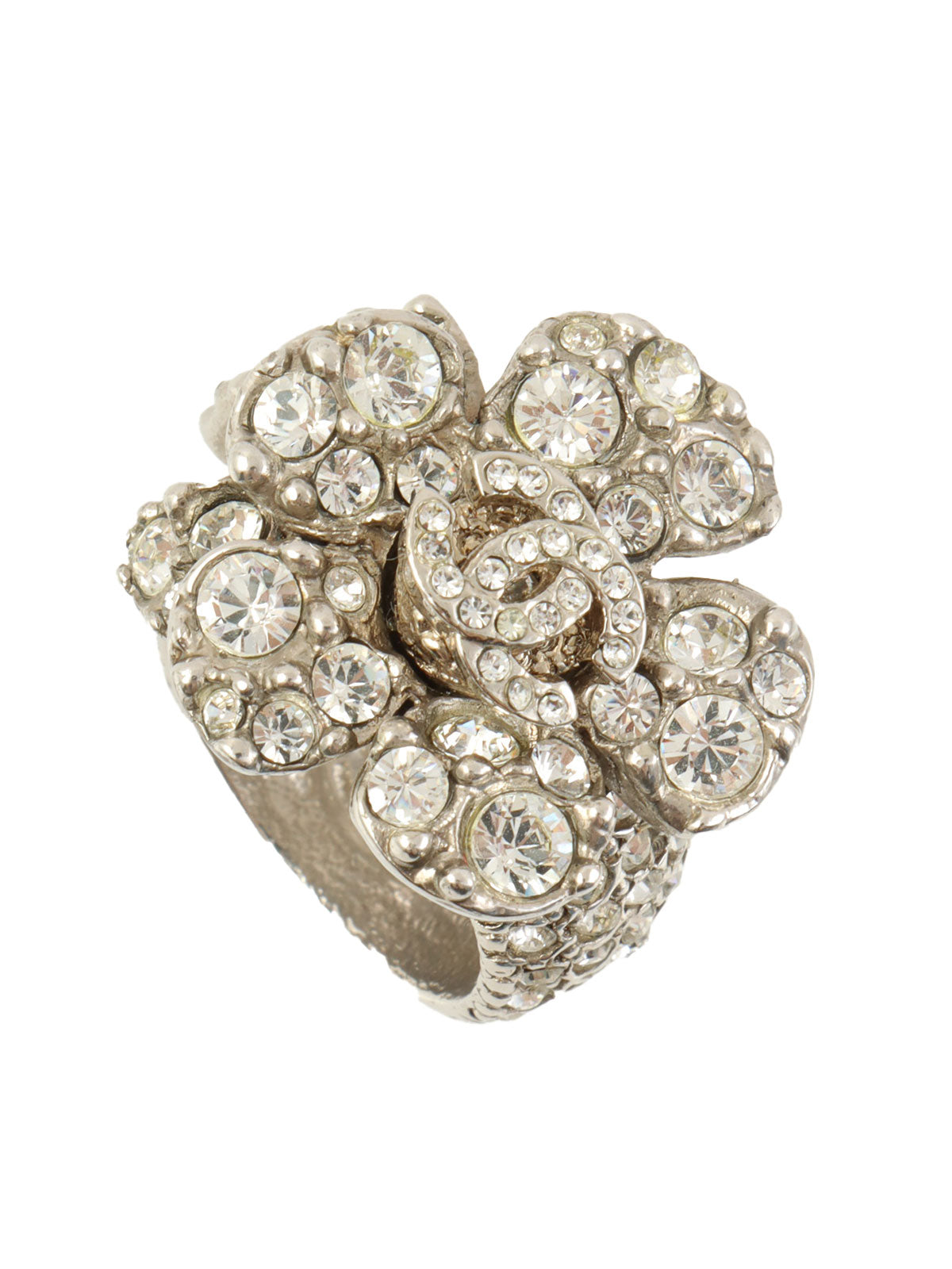 2010 Rhinestone Camellia Motif CC Mark Ring Silver