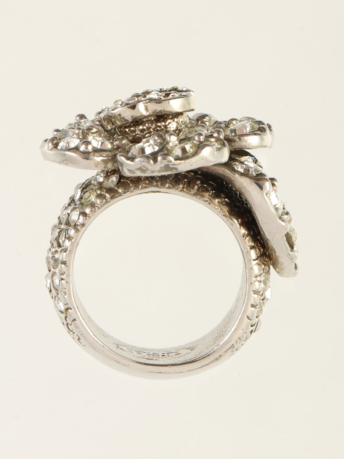 2010 Rhinestone Camellia Motif CC Mark Ring Silver