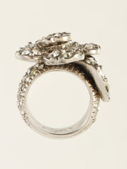 2010 Rhinestone Camellia Motif CC Mark Ring Silver