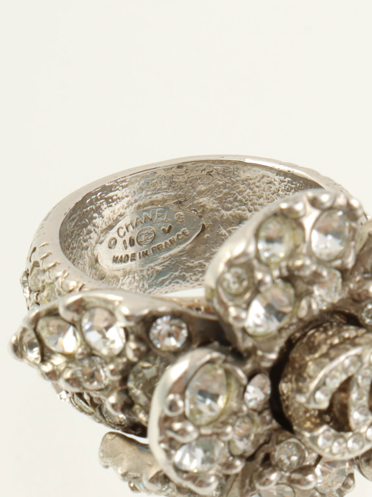 2010 Rhinestone Camellia Motif CC Mark Ring Silver