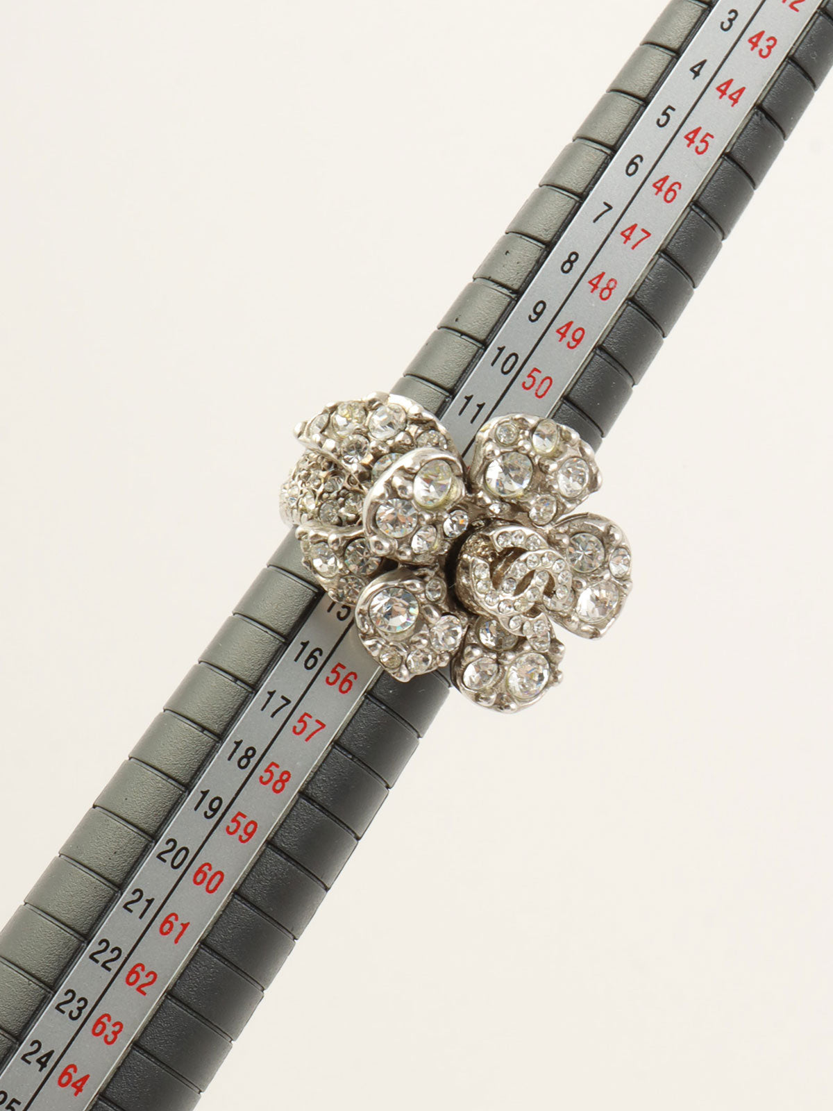 2010 Rhinestone Camellia Motif CC Mark Ring Silver