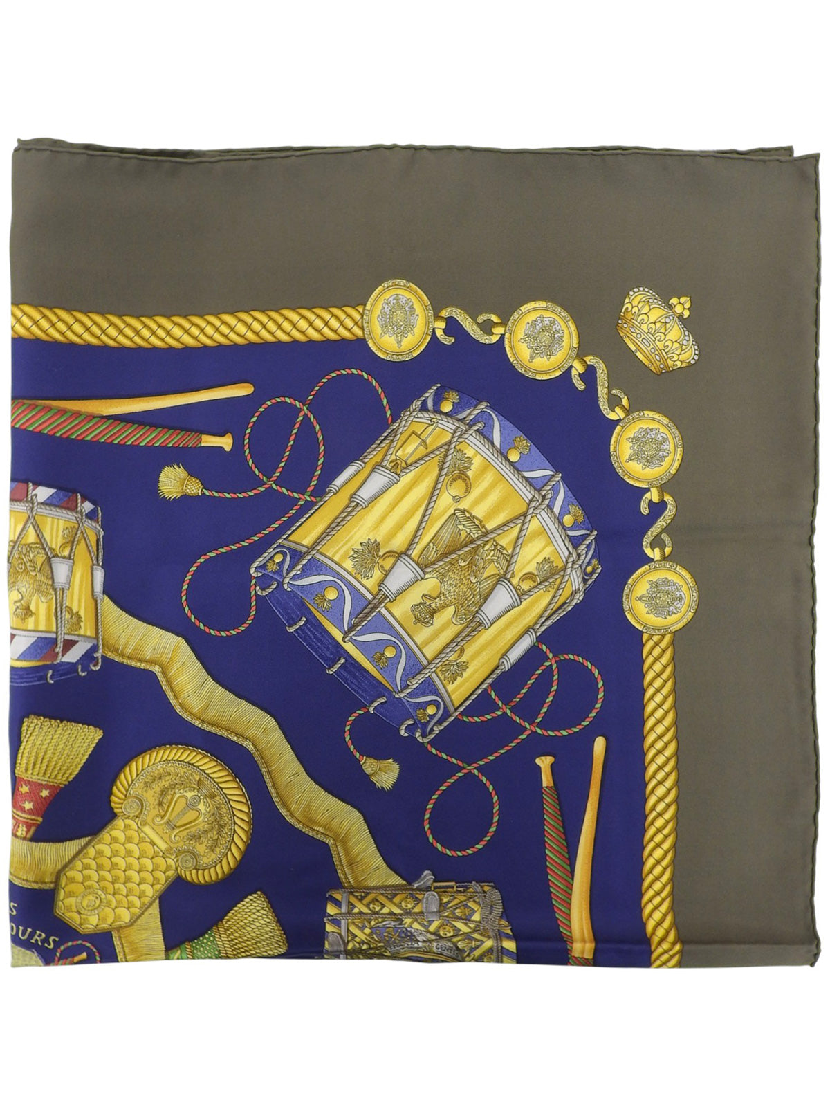 Carre 90 Les Tambours Pattern Scarf Khaki/Navy
