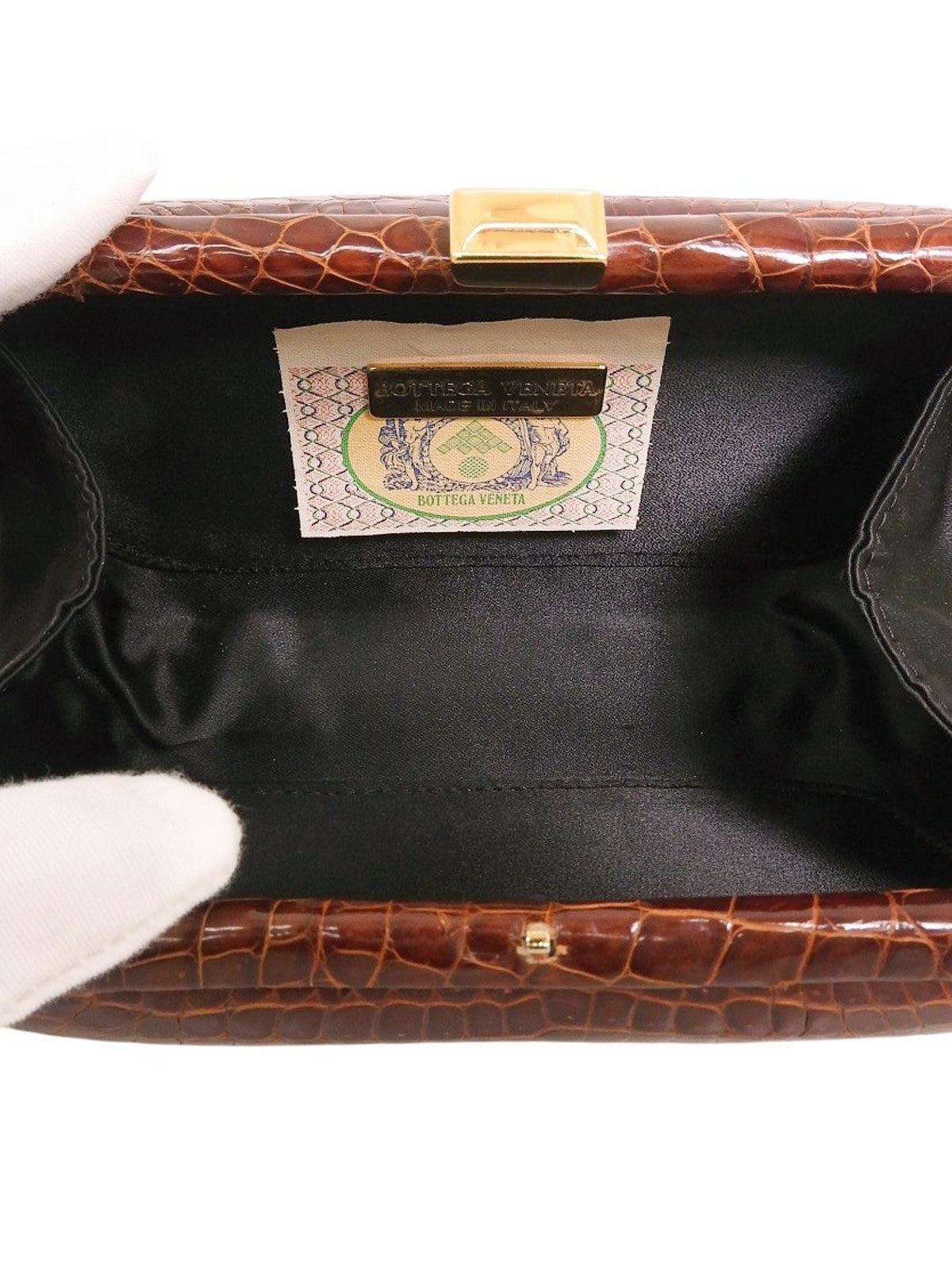 クロコダイルがま口クラッチバッグ ブラウン