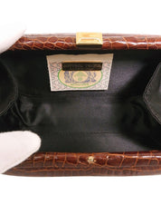 クロコダイルがま口クラッチバッグ ブラウン
