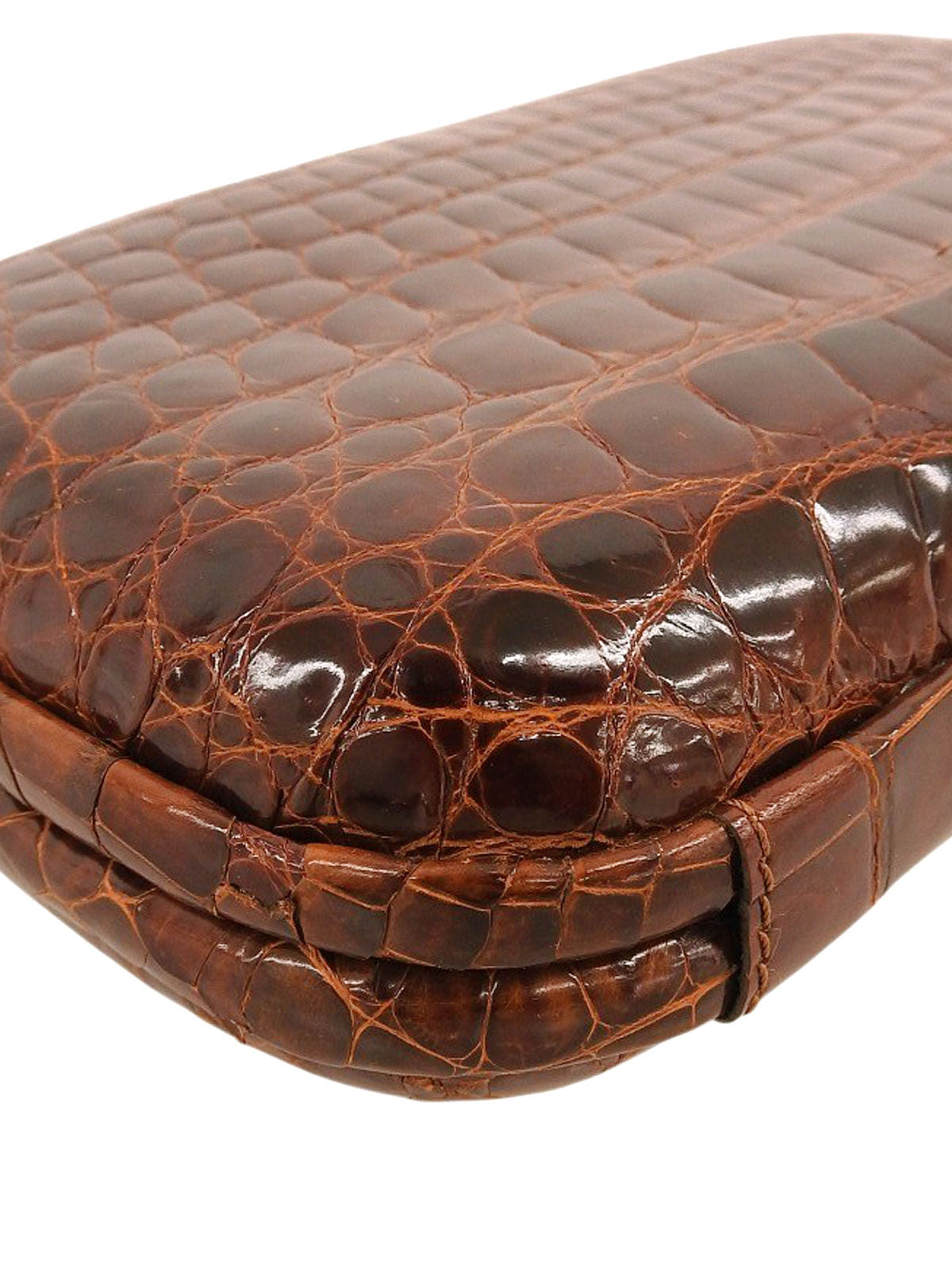 クロコダイルがま口クラッチバッグ ブラウン