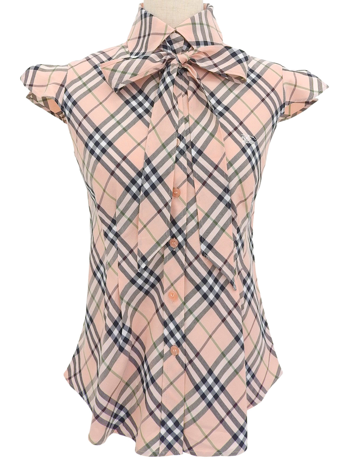 鲑鱼粉/多色格纹图案刺绣Logo无袖系带衬衫