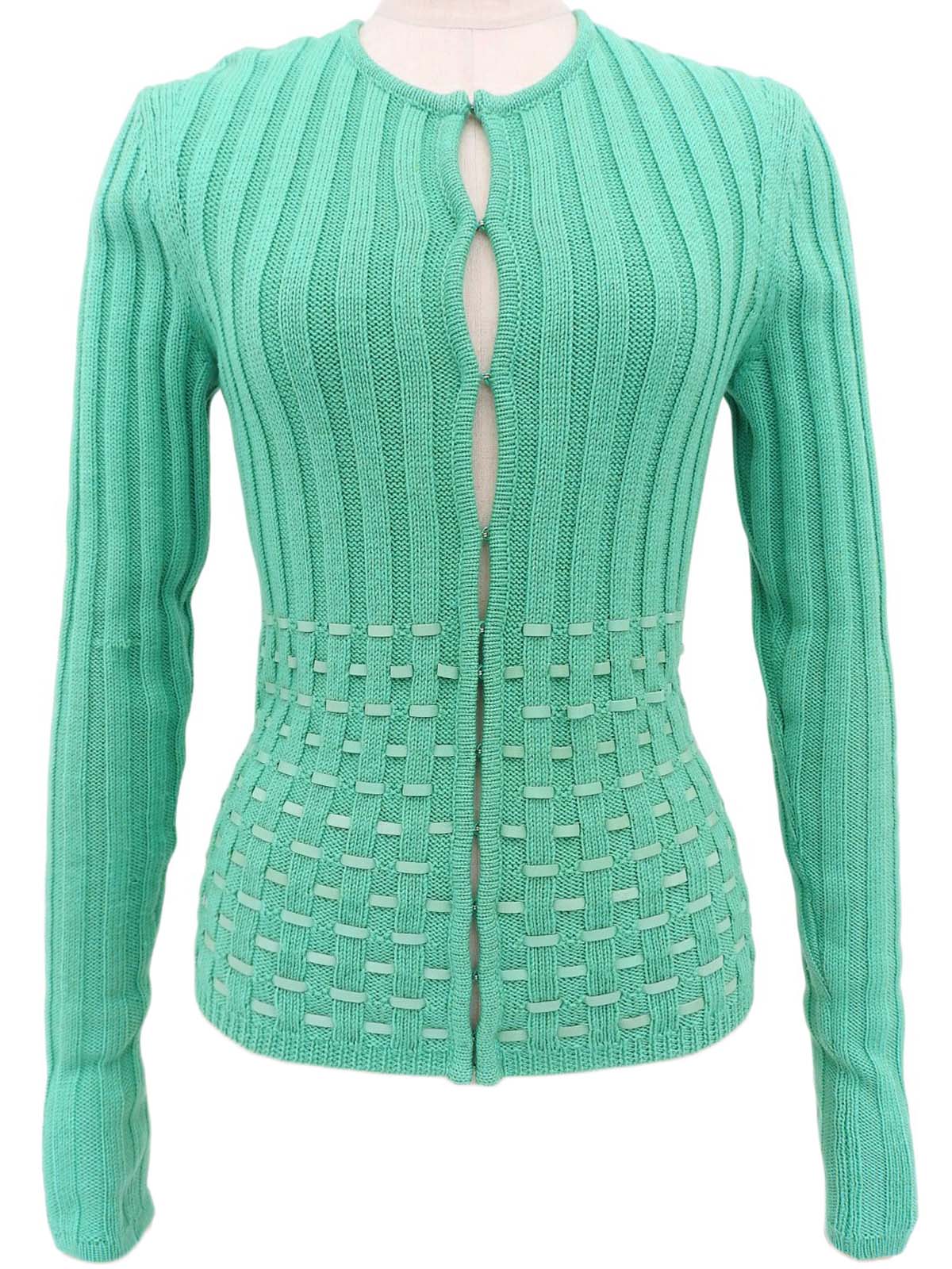 Leather ribbed knit cardigan in emerald green