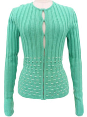 Leather ribbed knit cardigan in emerald green