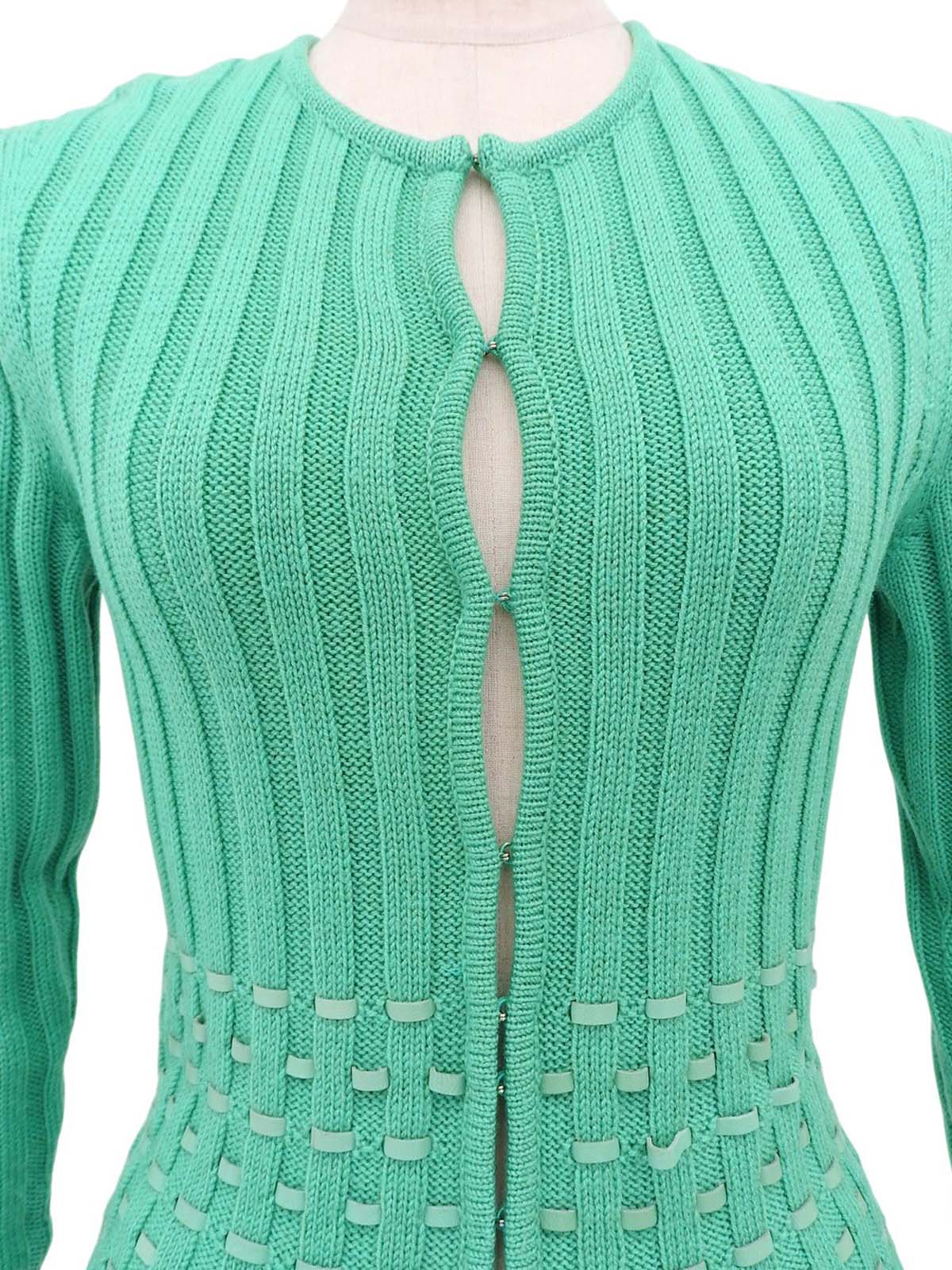 Leather ribbed knit cardigan in emerald green