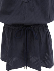 チェックパターンロゴ刺繍半袖ミニワンピース ネイビー