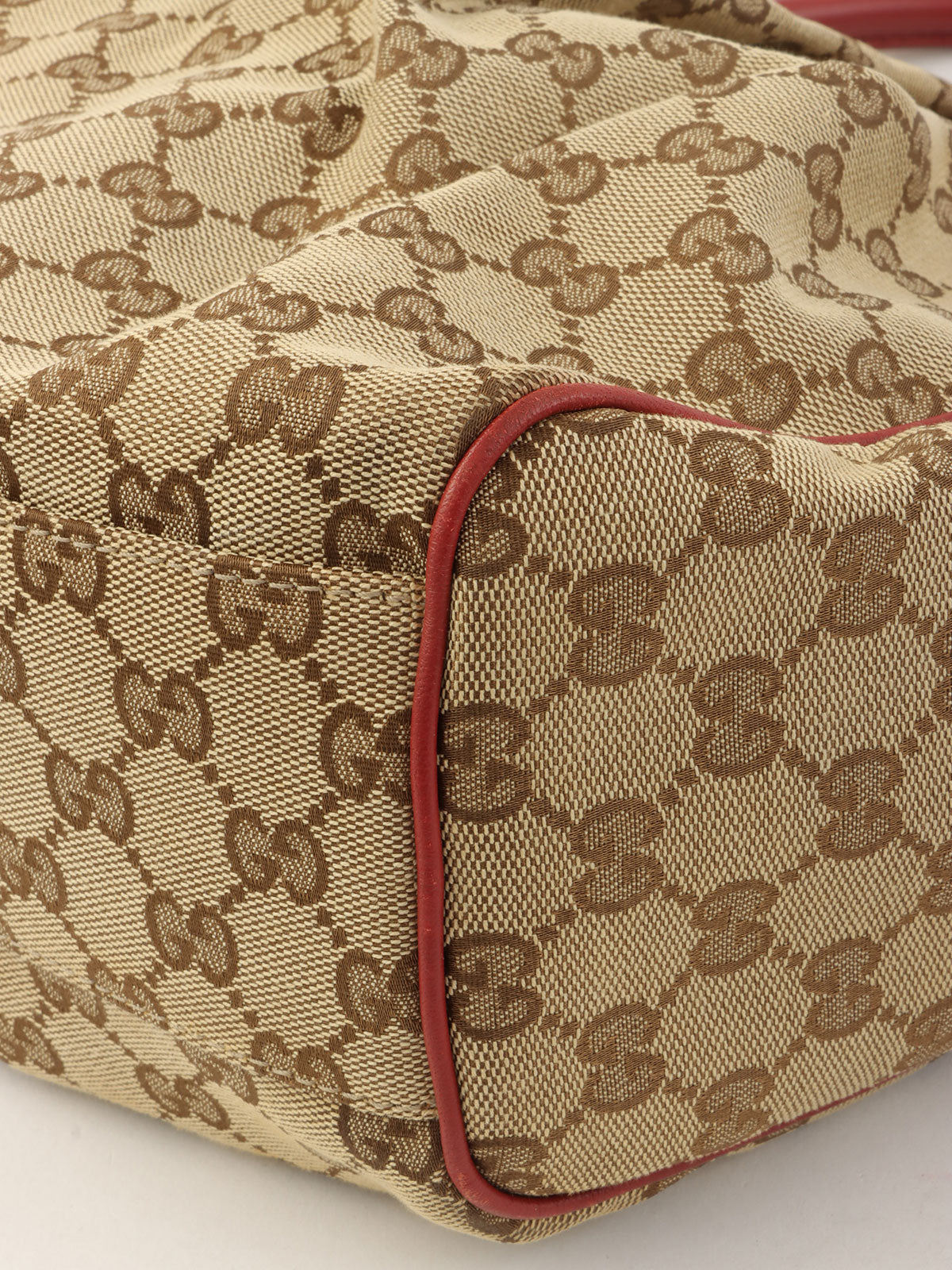 米色/红色帆布 GG 图案手提包