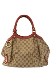 米色/红色帆布 GG 图案手提包
