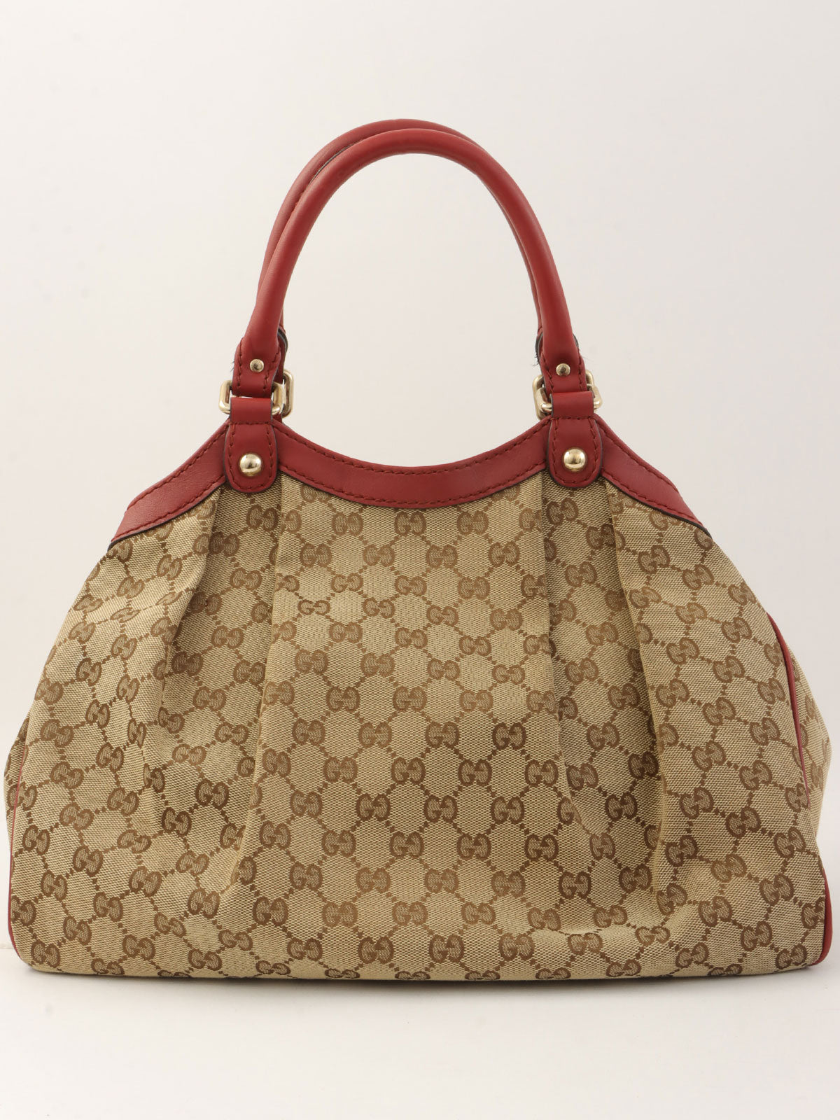 米色/红色帆布 GG 图案手提包