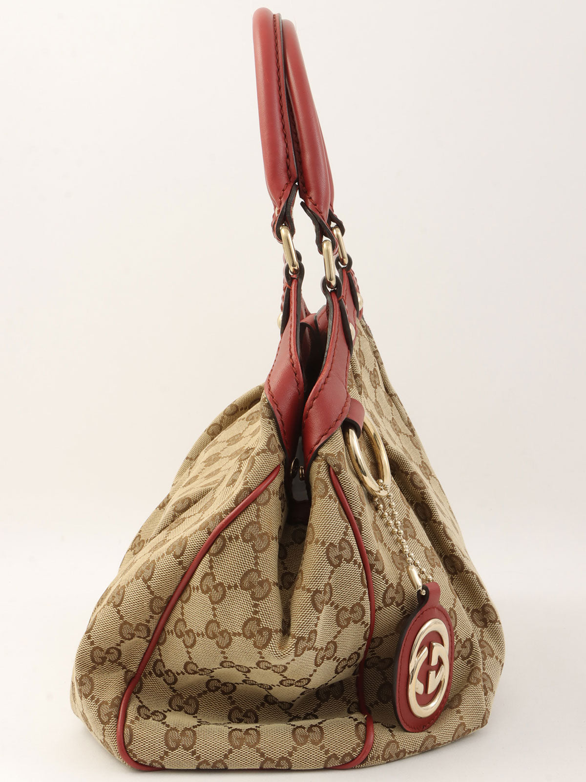 米色/红色帆布 GG 图案手提包