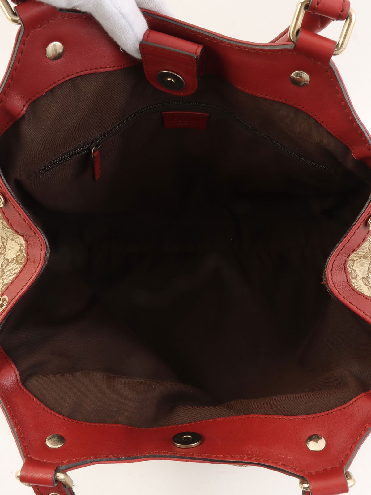 米色/红色帆布 GG 图案手提包