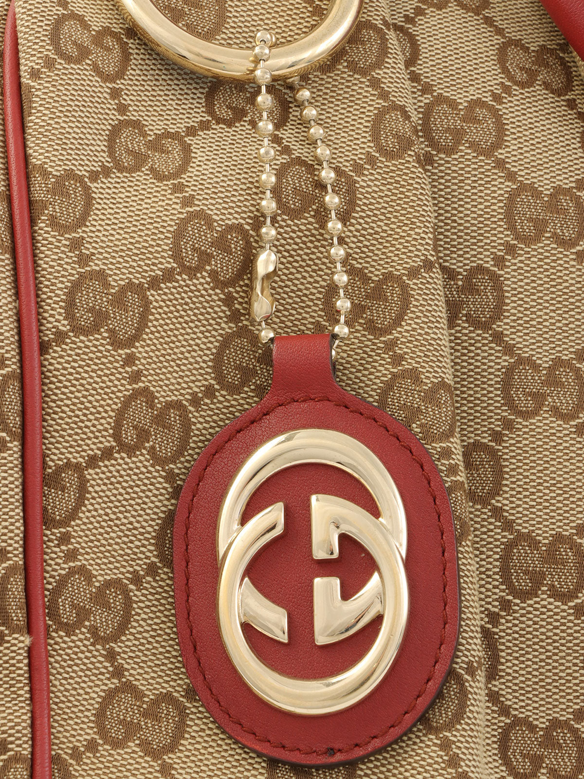 米色/红色帆布 GG 图案手提包