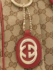 米色/红色帆布 GG 图案手提包