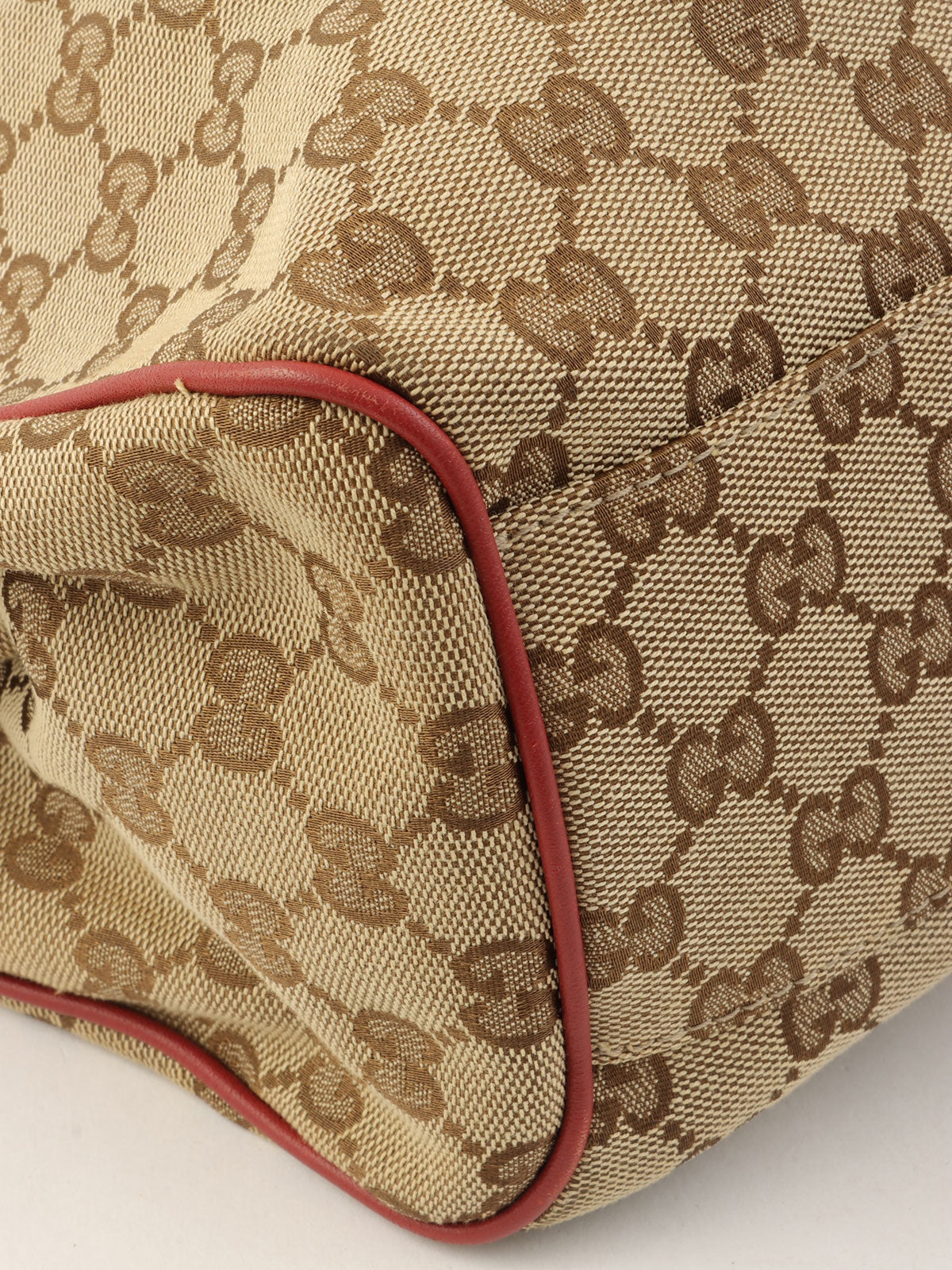 米色/红色帆布 GG 图案手提包