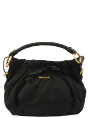 黑色尼龙Logo铭牌缎带手提包