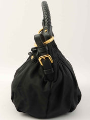 黑色尼龙Logo铭牌缎带手提包