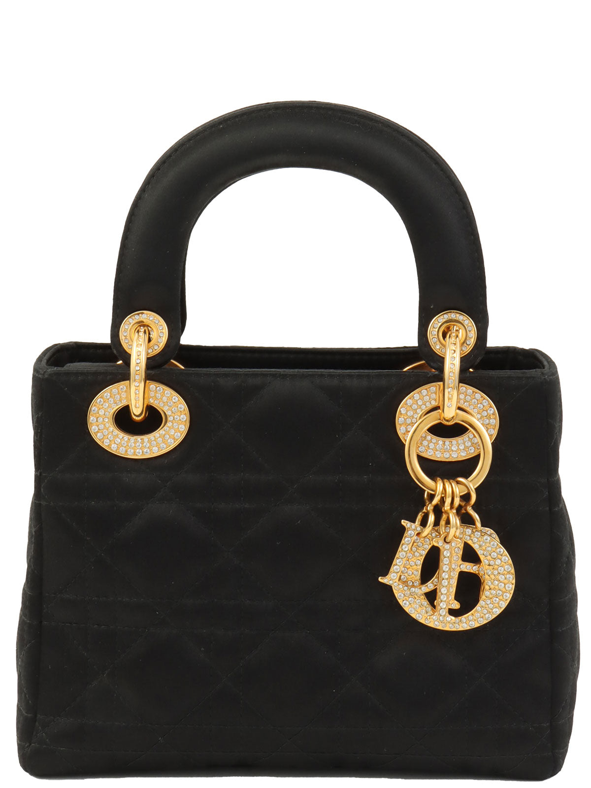 サテンレディディオールカナージュステッチハンドバッグミニ ブラック