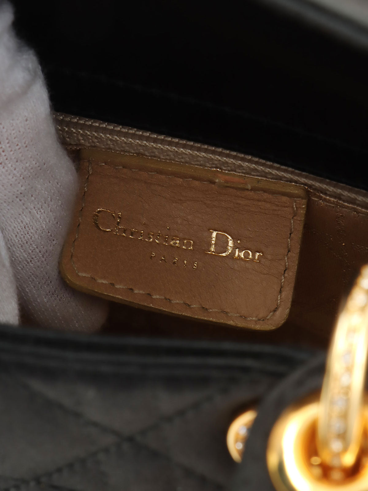 サテンレディディオールカナージュステッチハンドバッグミニ ブラック