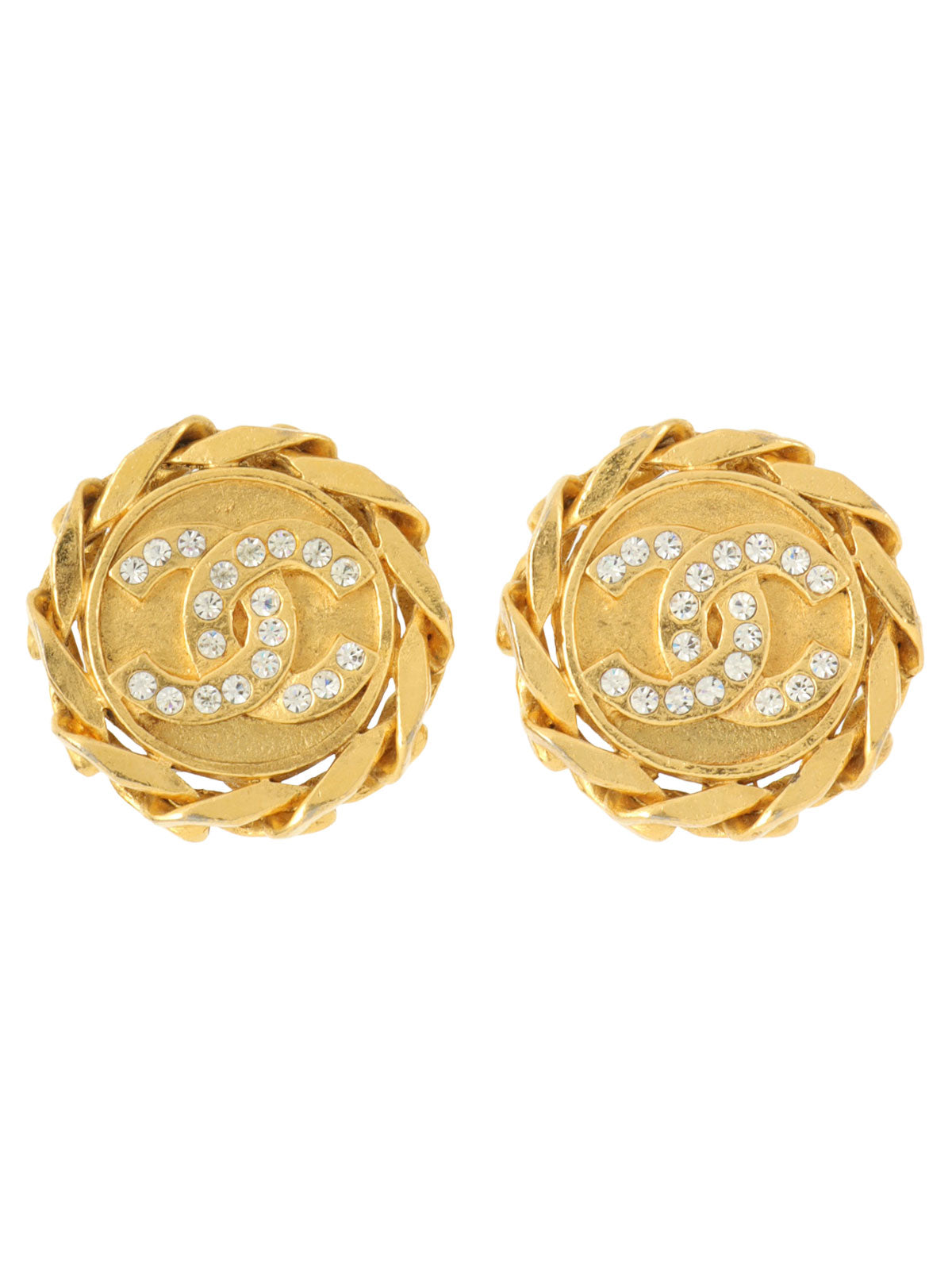 1988 Round Rhinestone CC Mark Earrings Gold