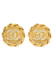 1988 Round Rhinestone CC Mark Earrings Gold