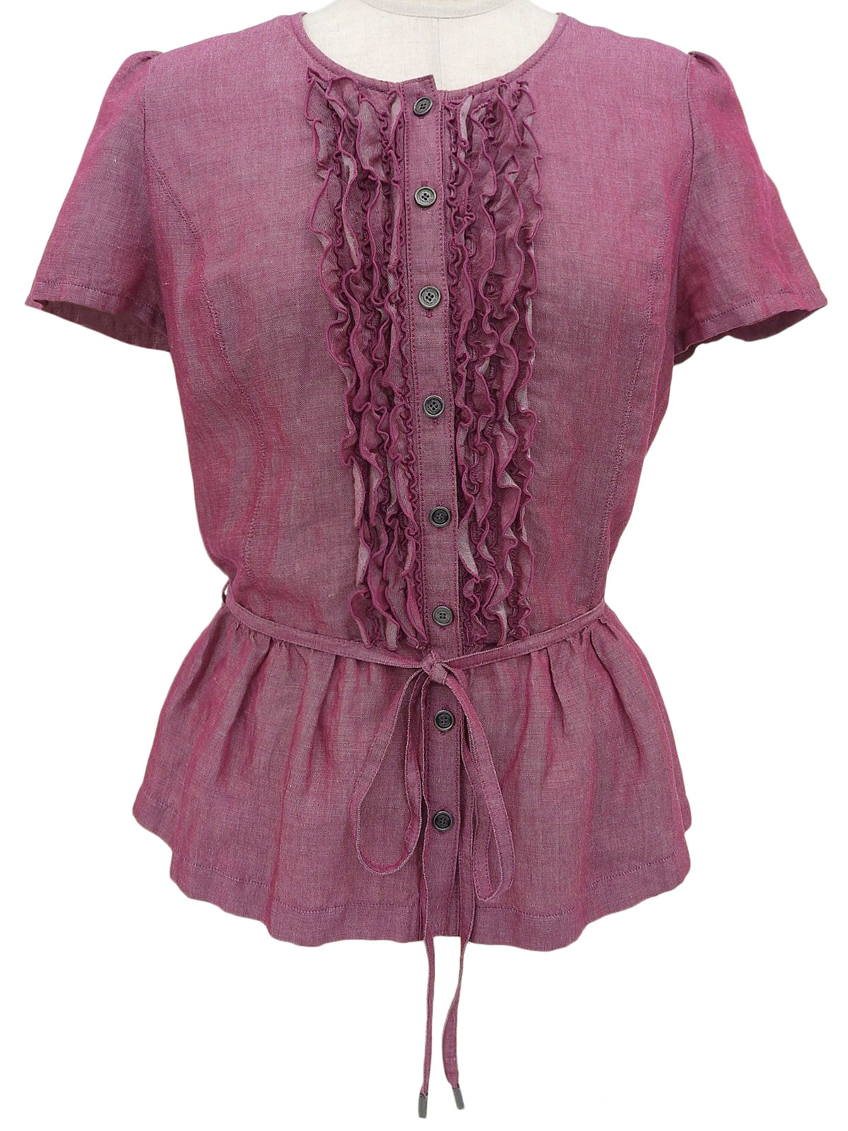 洋红色荷叶边短袖衬衫