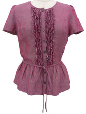 洋红色荷叶边短袖衬衫