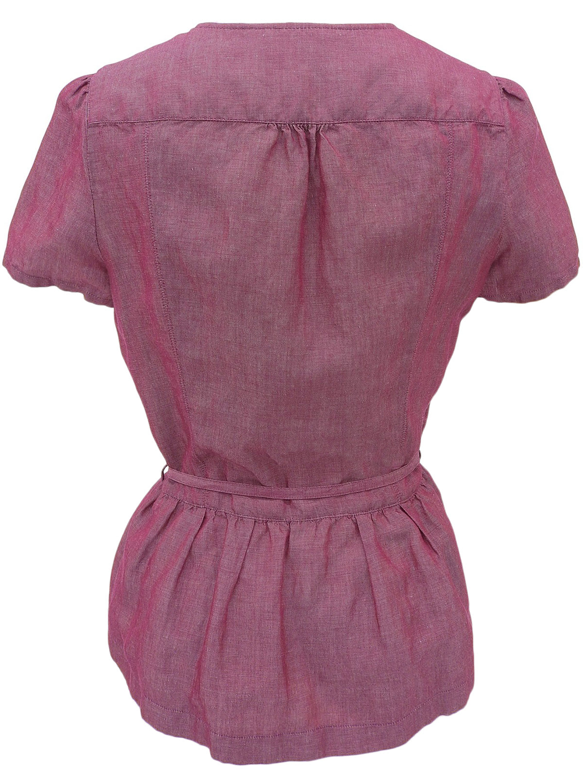 洋红色荷叶边短袖衬衫