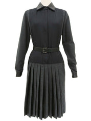 レザーウールコンビベルテッドシャツワンピース チャコールグレー