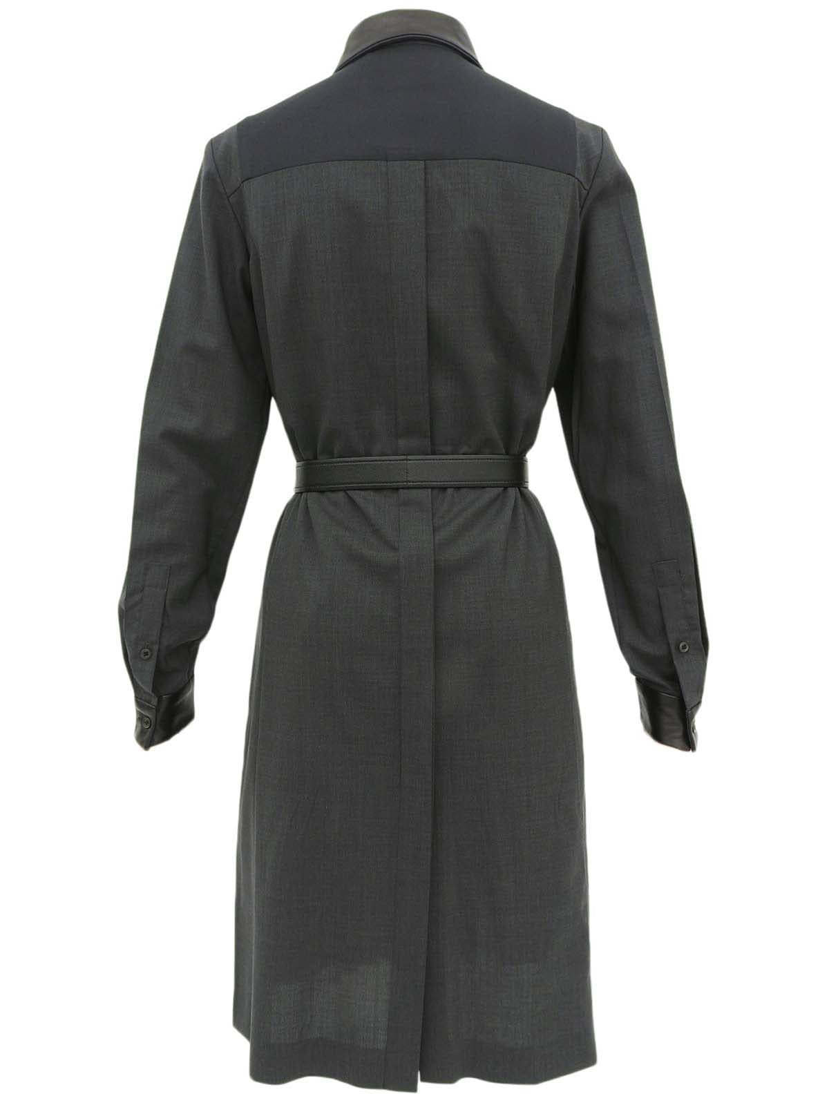 Leather Wool Combination Belted Shirt Dress #38 Charcoal Grey