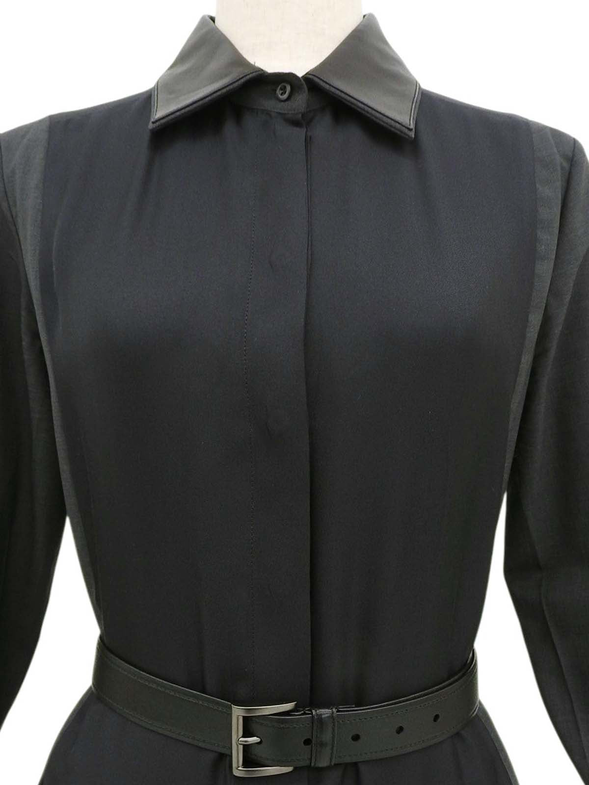 レザーウールコンビベルテッドシャツワンピース チャコールグレー