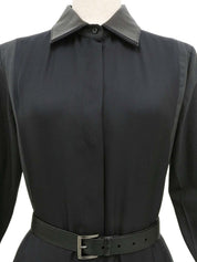 レザーウールコンビベルテッドシャツワンピース チャコールグレー