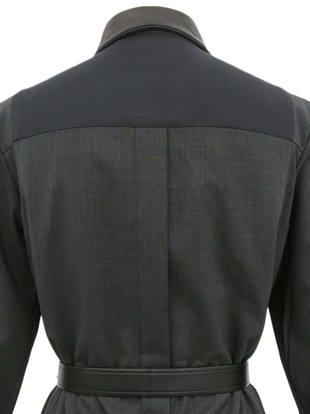 レザーウールコンビベルテッドシャツワンピース チャコールグレー