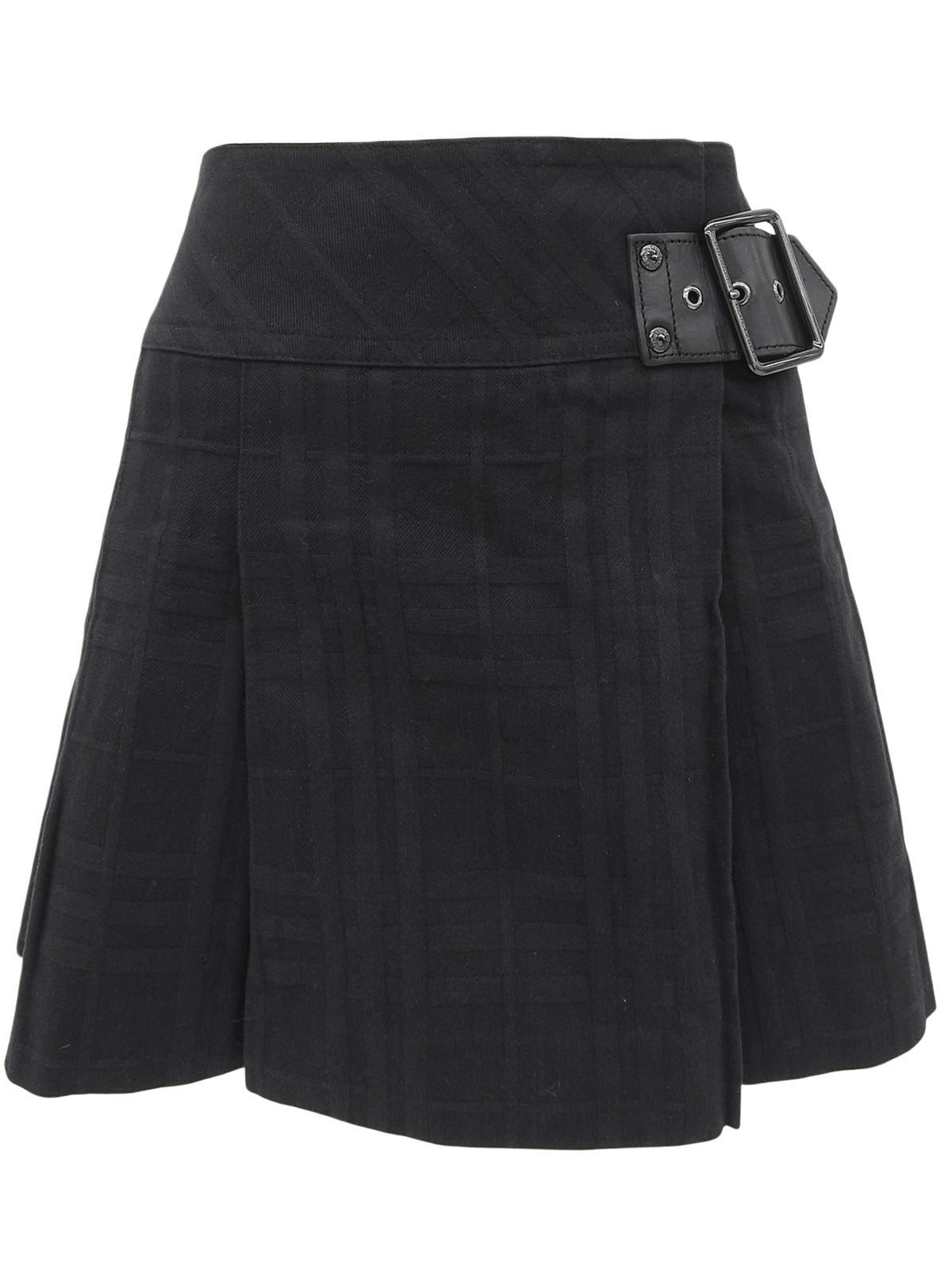 黑色格纹图案Logo搭扣褶裥迷你裙