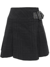 黑色格纹图案Logo搭扣褶裥迷你裙