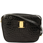 Croco-Embossed Vara Plate Shoulder Bag Black