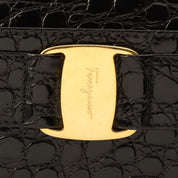 Croco-Embossed Vara Plate Shoulder Bag Black