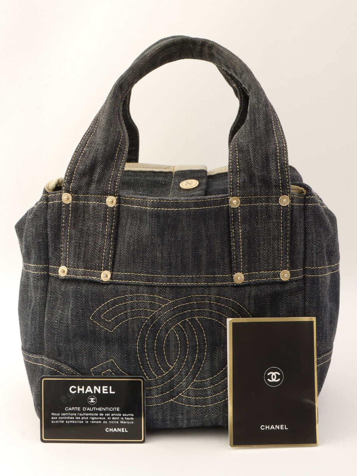 Around 2005 Made Sparkling Denim CC Mark Stitch Top Handle Bag Indigo