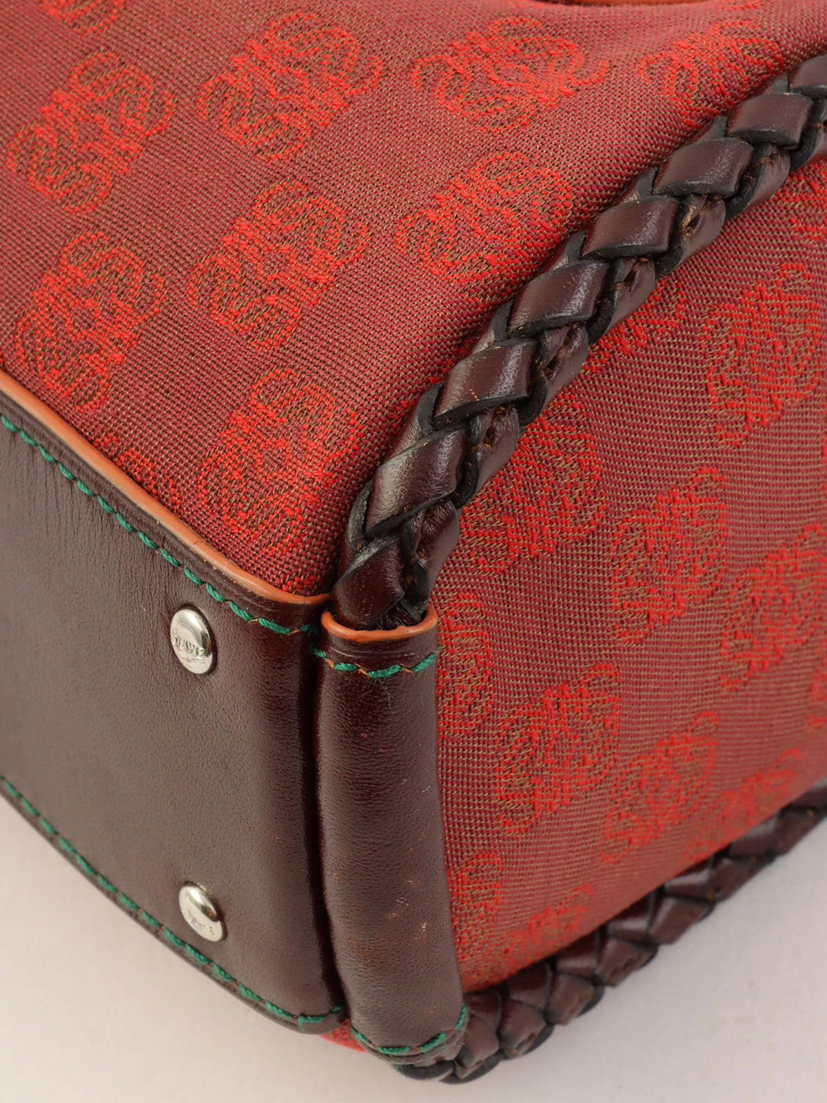 Canvas and Leather Combi-Nagram Pattern Handbag in Red/Brown